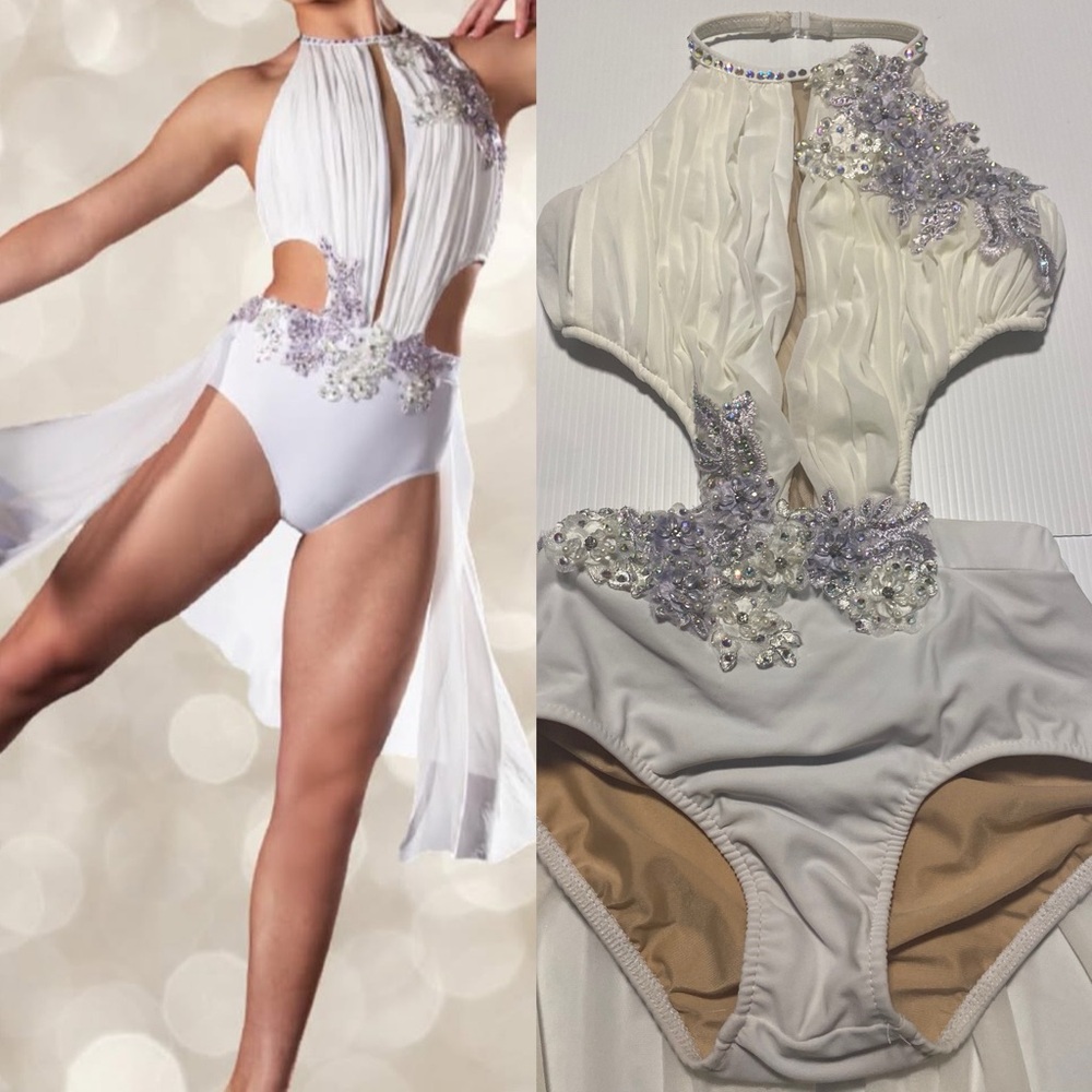 Glamour solo dance costume white cream lyrical embellished SA-Small adult